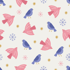 Christmas seamless pattern with birds, snowflakes, stars. Vector illustration