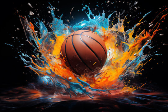 Basketball splashing in colorful paint on dark background