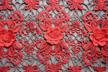 vibrant texture of red floral lace on a grey backdrop
