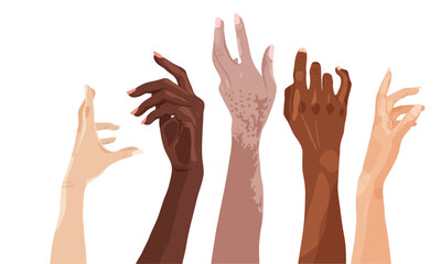 Hands of different races and ethnicities. United for equality. Vector drawing.