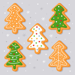 New Year's gingerbread cookies in the shape of Christmas trees. Homemade Christmas cookies with sweet sugar glaze. Cute cartoon illustrations for Christmas cards, banners, posters. 