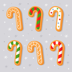 Obraz premium New Year's gingerbread cookies in the shape of Christmas candies. Homemade Christmas cookies with sweet sugar glaze. Cute cartoon illustrations for Christmas cards, banners, posters. 