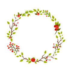 Floral wreath with tree branches and red berries. Design for flyers, wedding invitation, greeting card.
