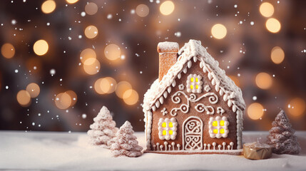white gingerbread house with white and gold bokeh lights, festive