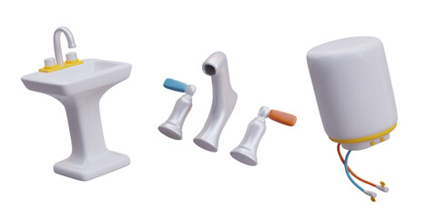 Wash basin, boiler and faucet with yellow elements. Heating water. Household equipment. Electric home appliance concept. Vector illustration in 3d style