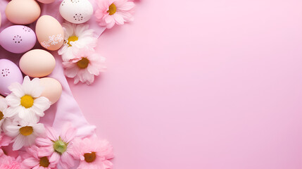 Fototapeta na wymiar Pink easter background with easter eggs on top of a napkin, copy space banner for easter festival