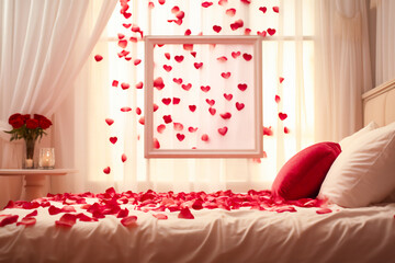 Scarlet heart-shaped petals float in a gently lit bedroom and decorate the bed, creating an atmosphere of romance and anticipation of Valentine's Day.