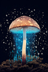 Fantasy Art Mushroom and Lights. Fungus in the Forest with Fireflies. Magical Mushroom in the Night. Alien Lights. Generative AI. 