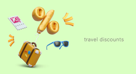 Discounts on travel vouchers, tickets. Cheap tours, last minute offer. Concept for online service of travel agency. Color poster in cartoon style. Golden discount, suitcase, plane ticket