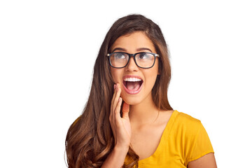 Isolated woman, wow and shock with smile for news, announcement or thinking by transparent png...