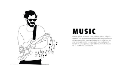 Music background with illustration man playing electric guitar design