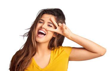 Woman, portrait and happy with peace hand for fun emoji or motivation isolated on png transparent background. Person, face and smile with v sign, symbol or review with confidence, excited and joy