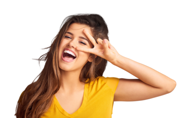 Woman, portrait and happy with peace hand for fun emoji or motivation isolated on png transparent background. Person, face and smile with v sign, symbol or review with confidence, excited and joy