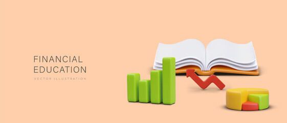 Concept of financial education. Opened book, business arrow up, bar graph, pie chart. Advertising of educational institution, courses, mentors. Horizontal layout with 3D illustration