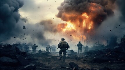 Fototapeta na wymiar American soldiers on the battlefield Americans attack on the battlefield with explosions.