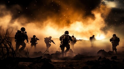 Fototapeta premium American soldiers on the battlefield Americans attack on the battlefield with explosions.