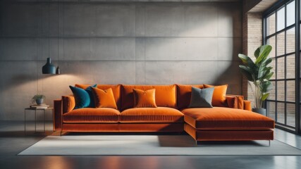 Vivid orange corner velvet sofa near concrete wall with copy space. Minimalist interior design of modern living room