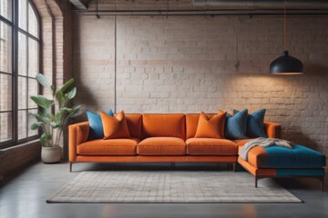 Vivid orange corner velvet sofa near concrete wall with copy space. Minimalist interior design of modern living room