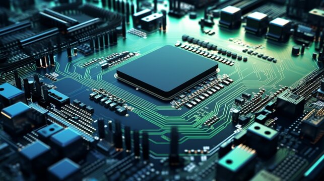 Intricate microchip architecture on a digital motherboard.