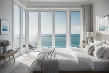 Summer interior background. White pillows on bed against of big window with stunning sea view. Interior design of modern bedroom