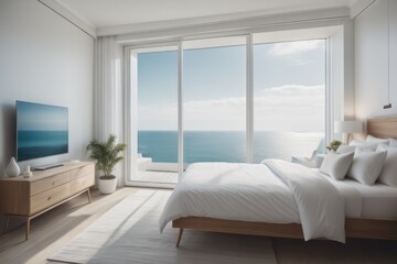 Summer interior background. White pillows on bed against of big window with stunning sea view. Interior design of modern bedroom