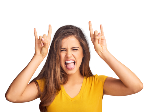 Happy, rock n roll sign and woman with emoji, hand or gesture with tongue out. Confident, smile and portrait of female model from Mexico with crazy expression isolated by transparent png background.