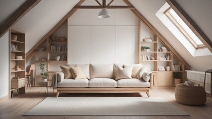 Naklejka na ściany i meble Scandinavian home interior design of modern living room in attic with lining ceiling