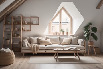 Fototapeta premium Scandinavian home interior design of modern living room in attic with lining ceiling