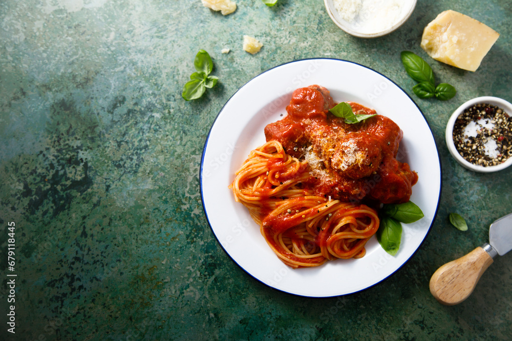 Poster spaghetti with meatballs and parmesan cheese