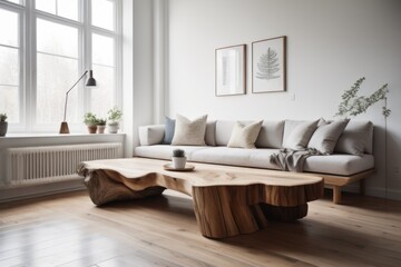  Rustic live edge tree stump accent coffee table near white corner sofa. Scandinavian home interior design of modern living room