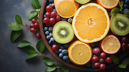Mix of fresh fruits in bowl on dark background, top view. Space for text