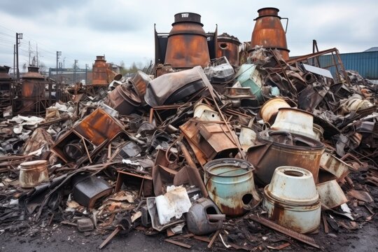 scrapped industrial kitchen appliances in a metal scrapyard