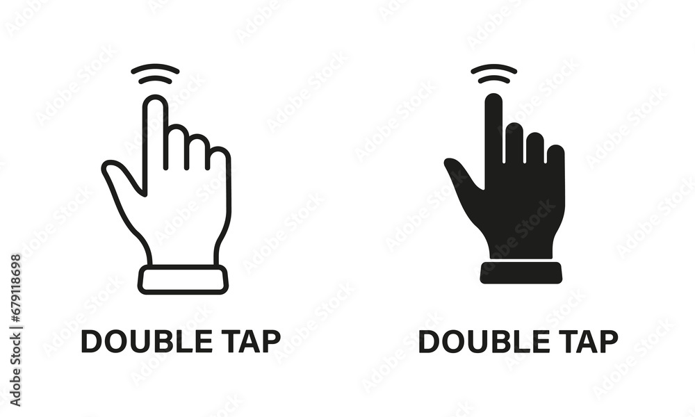 Poster double tap gesture, hand cursor of computer mouse line and silhouette black icon set. pointer finger