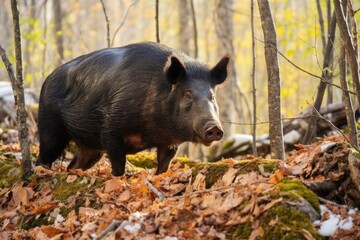 wild boar foraging in a forest during day time