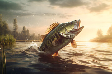 Large mouth bass jumping out of the water - obrazy, fototapety, plakaty
