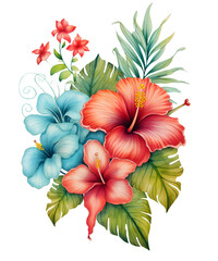Tropical Blooms and Leaves Clipart, Exotic Floral Sublimation Graphics, Transparent Background, transparent PNG, Created using generative AI