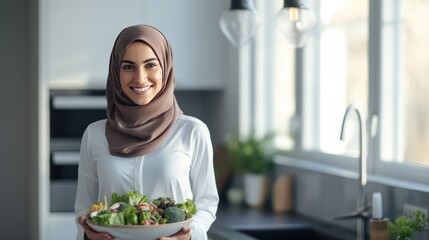 Arab woman standing in modern kitchen holding salad bowl and smile for the camera - Powered by Adobe