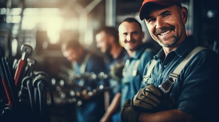 A team of plumbers stands looking at the camera behind a background of a tool cabinet.