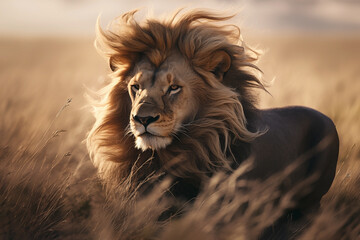 Majestic male lion in the wild, wind in his mane
