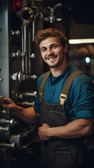 A young plumber stands smiling behind a tool cabinet.