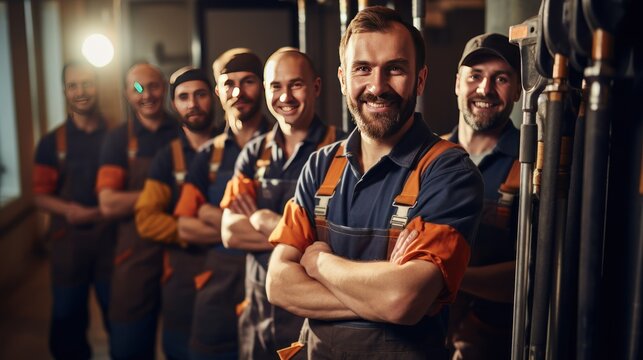 A team of plumbers stands looking at the camera behind a background of a tool cabinet.