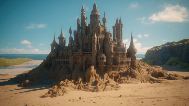 Sand Castle on Beach. Created with Generative AI.	
