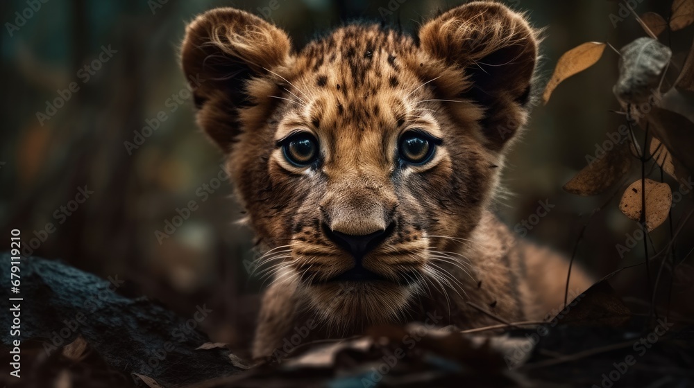 Sticker little lion in the forest. created with generative ai.