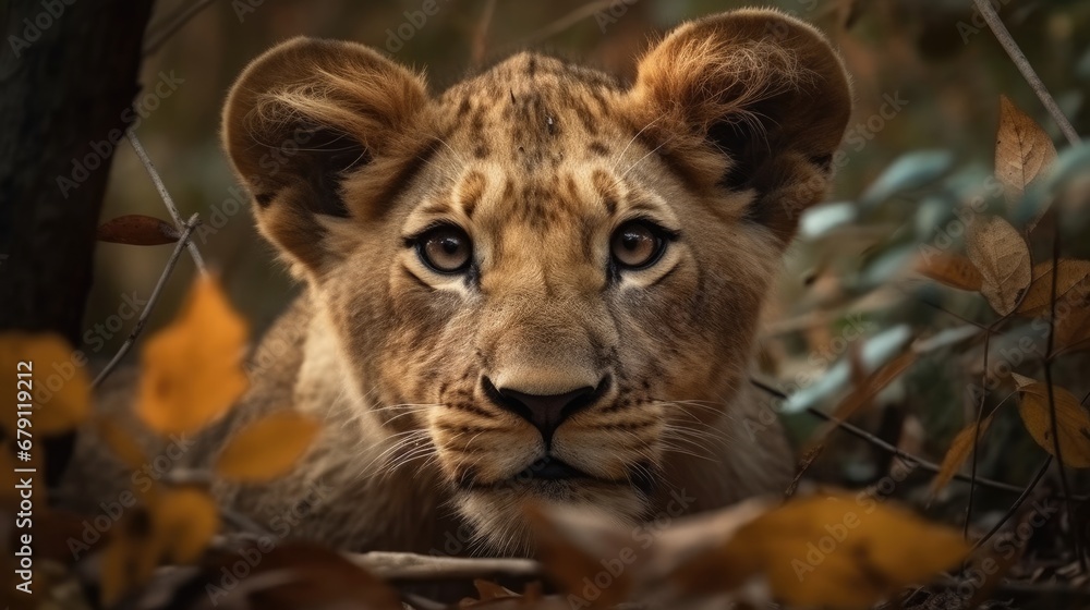 Sticker little lion in the forest. created with generative ai.