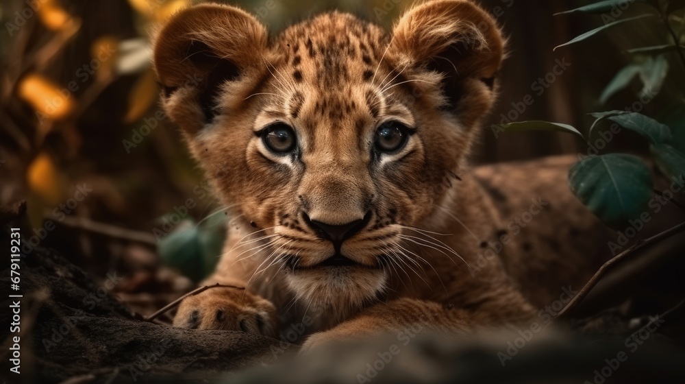 Sticker little lion in the forest. created with generative ai.