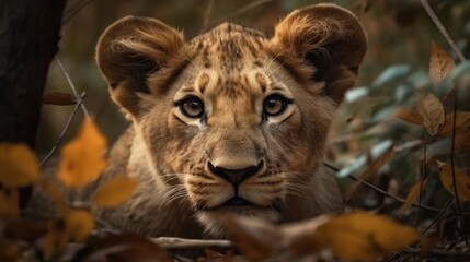 little lion in the forest. Created with generative AI.	
