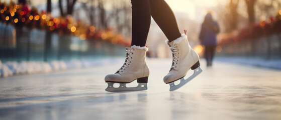 Close-up of ice skater's boots on frozen pond ice rink, winter sunset festive bokeh background
