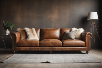  Interior of living room with brown leather sofa