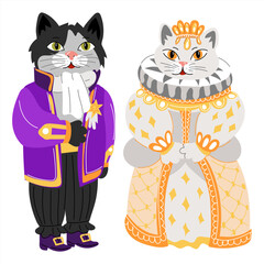 A cat and a cat in retro costumes for the ball. Outfits of the queen and the messenger of the 19th century. Ballroom outfits. Animals in ballroom dresses on a white background