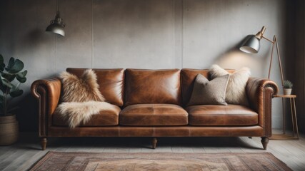  Interior of living room with brown leather sofa